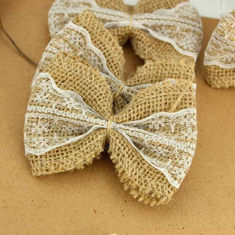 Veľký predaj 10ks biely prírodný juta v pytle Hessian Bowknot Bows Craft Svadobná dekorácia