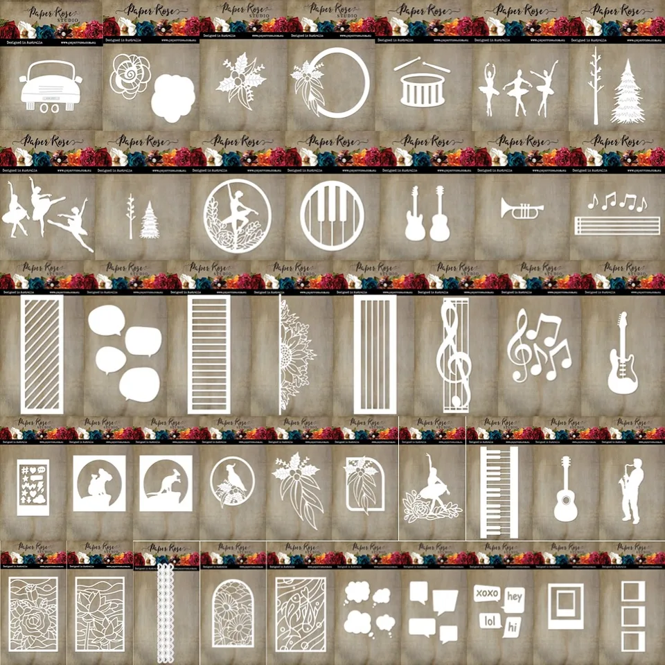 Veľký predaj kovový rezný rámec bubny a gitarové matrice 2024 Nové šablóny DIY Scrapbooking Paper Výroby remeselných remesiel