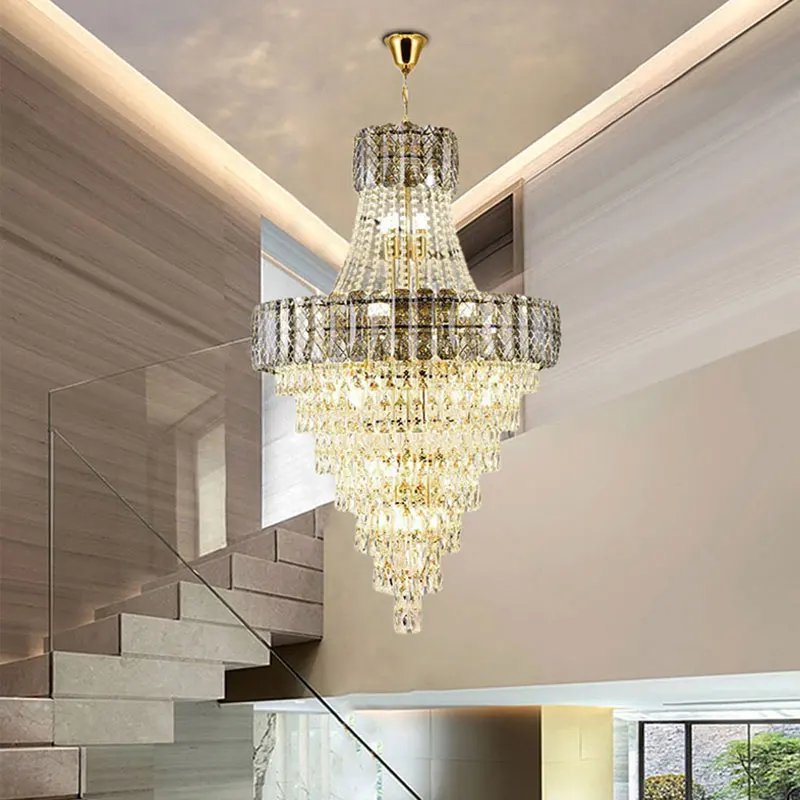 Veľký strop dlhý krištáľový luster hotel Lobby Obývacia izba Luxusné schodisko s schodiskom svetlo Zlatá z nehrdzavejúcej ocele Light