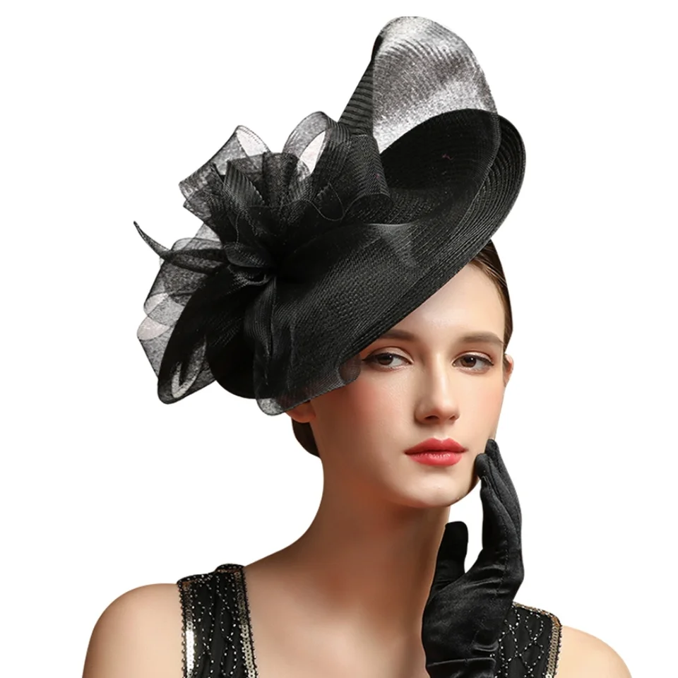 Veľký čierny fascinátor Sinamay Hat Fancy MultiCanour Kentucky Derby Hats Tea Party Feather Headress Femate Top Hat Church Hat Hat