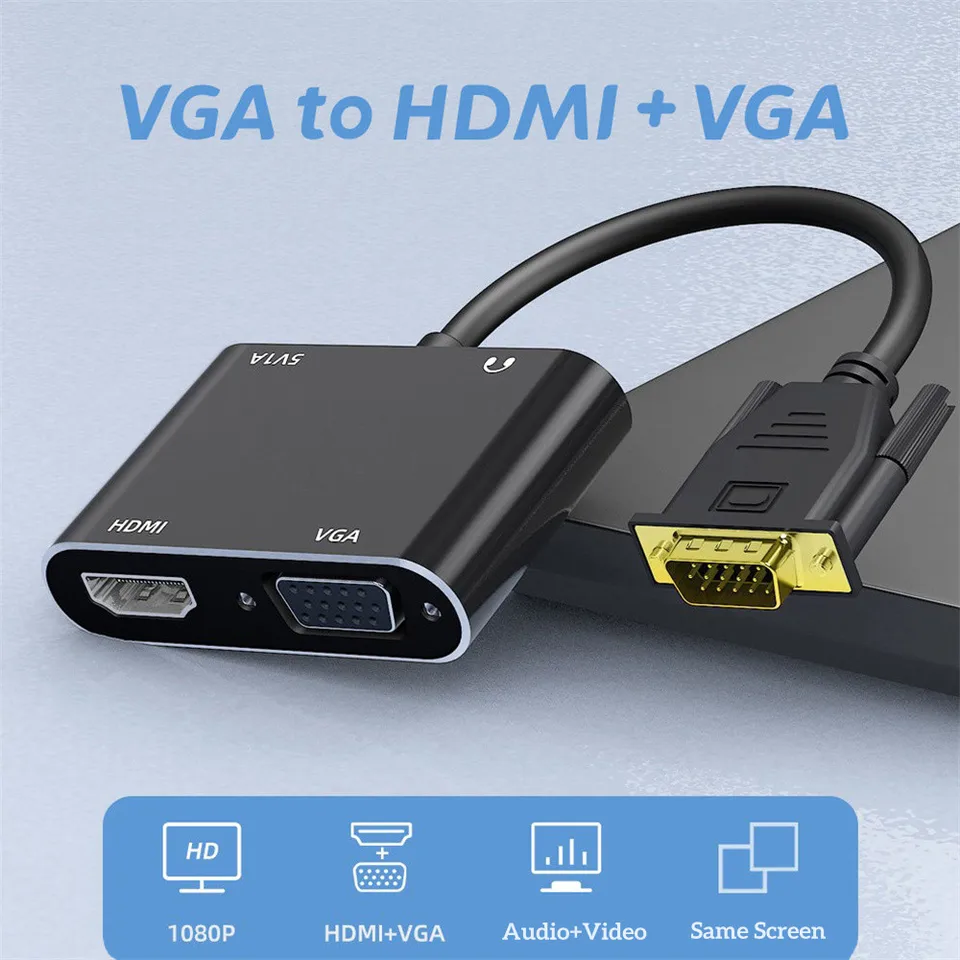 VGA až HDMI kompatibilný adaptér VGA Splitter s 3,5 mm zvukový konvertor podporuje duálny displej pre projektor HDMI