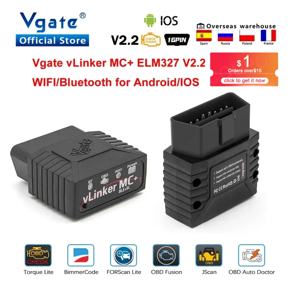 VGate Vlinker MC+ ELM 327 V2.2 Bluetooth 4.0 OBDII SCANER SCANER WIFI Automatický diagnostický nástroj ELM327 OBD 2 ODB2 BimmerCode PK V1 5
