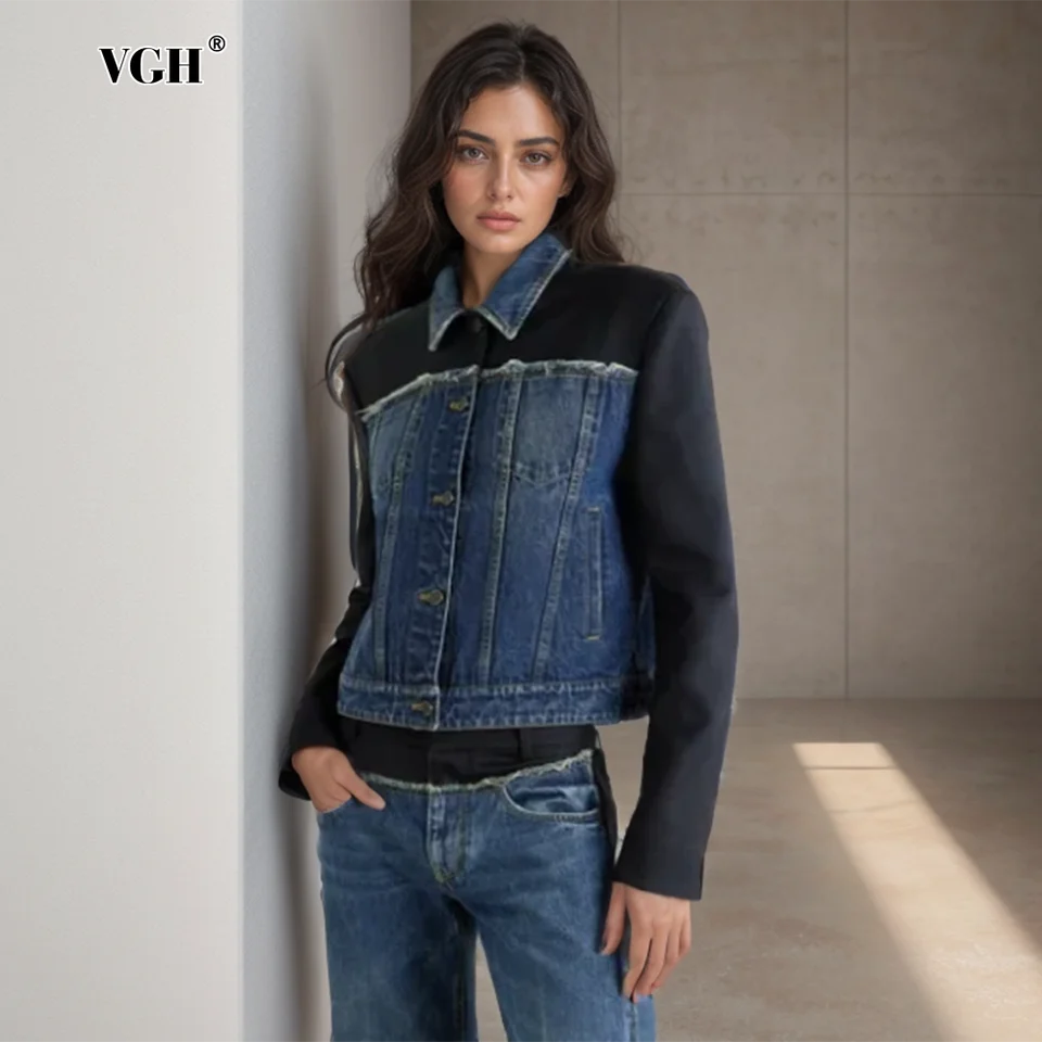 VGH ColorBlack Patchwork Denim Bundy pre ženy klopa s dlhým rukávom zostrihané gombíky Minimalistické chudnutie Krátke vrstvy ženský štýl