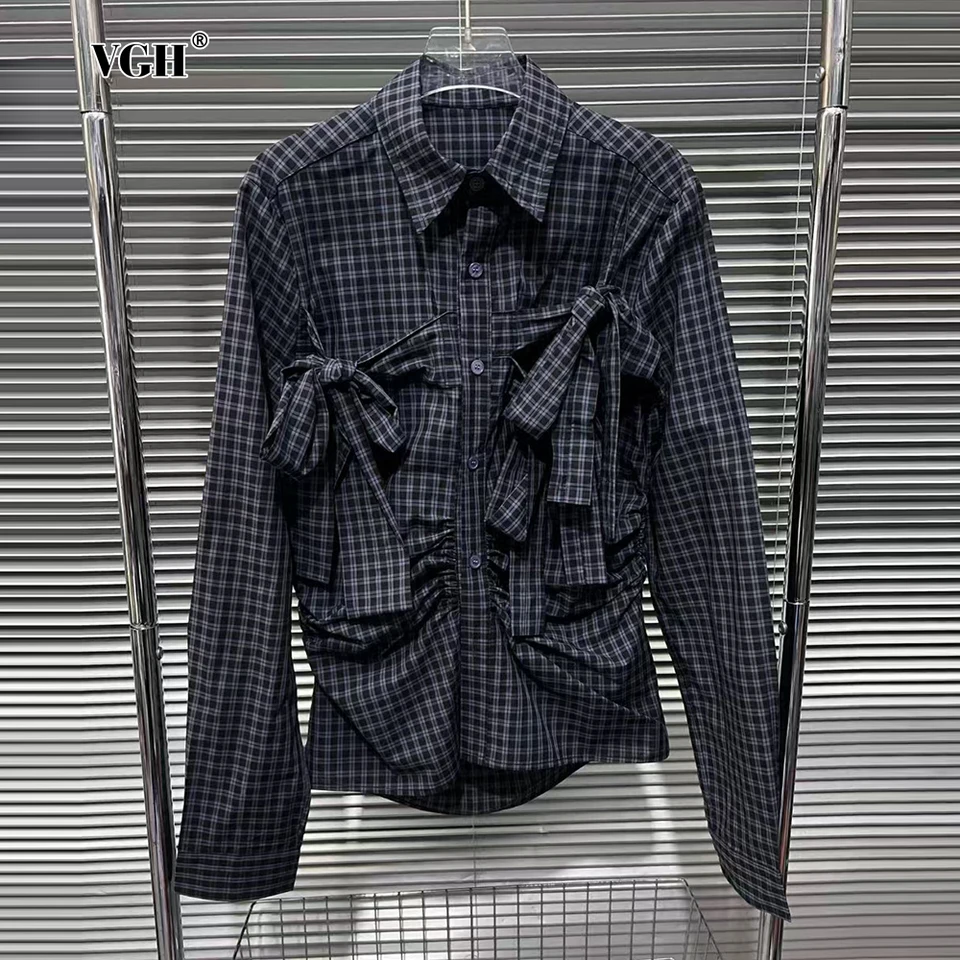 Vgh so zostrihom Bowknot Slimming Plaid Plaid pre ženy klopa s dlhým rukávom Patchwork single Breested Módne košele s záhybmi ženskými ženami