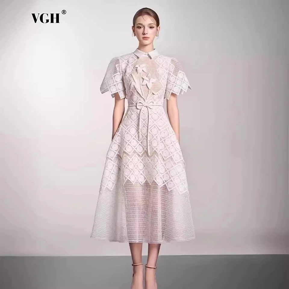 Vgh Solid Floral Duthlow Out Mesh Šaty pre ženy klopný krátky rukáv s vysokým pásom zostrihaný šnurovaný šnurovaný temperament dlhé šaty Žena