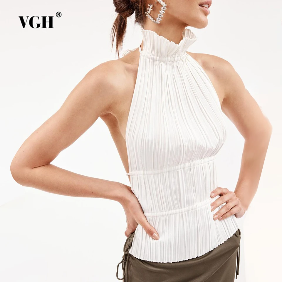 Vgh Solid Patchwork záhyby Sexy tank Tops pre ženy halterové rukávy bez rukávov bez spätného šnurovania šnurovania minimalistické vesty ženská móda nové
