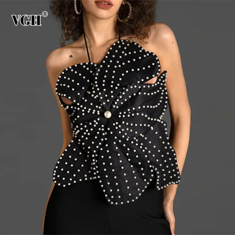 Vgh Solid Stvorené perly backless Tank Topy for Women halter bez rukávov bez rukávov šnurovanie šnurovanie