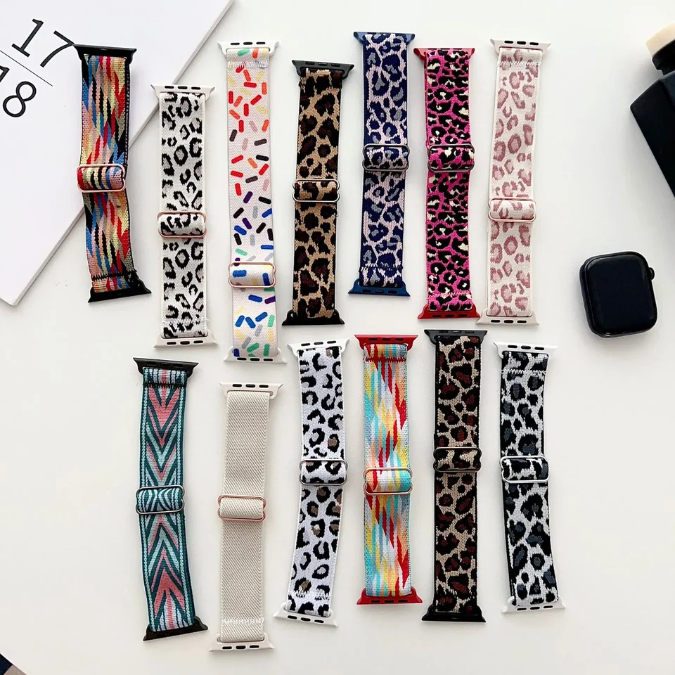 Vhodný pre Apple Watch 10. generácia Etnický štýl Leopard Tlač elastickej skupiny nylonový tkaný popruh