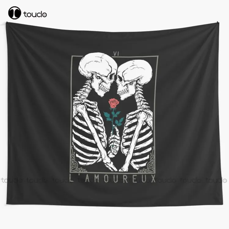 Vi Lovers Love Tarot Flower Skeleton pár smrť okultná mŕtvy bozk lebka ruža tapiséria tlačená tapiséria závesná stena