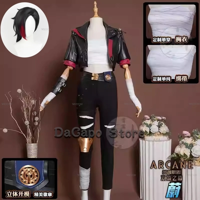 VI V Violet Arcane S2 Outfit Cosplay lol Anime Coat Pants Tettoo Clothing Čierny oblek Uniforma Halloween Party Roadplay