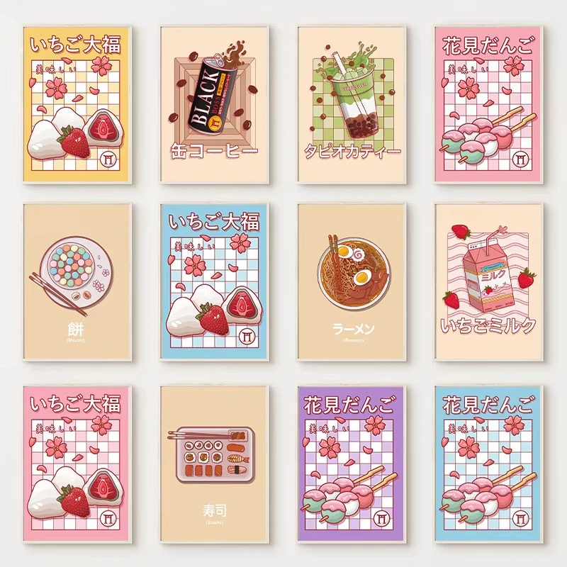 Viacfarebná karikatúra japonské potravinové plagáty Ramen Sushi Mochi Bubble Tea Wall Art Canvas maľba japonská reštaurácia Domovod