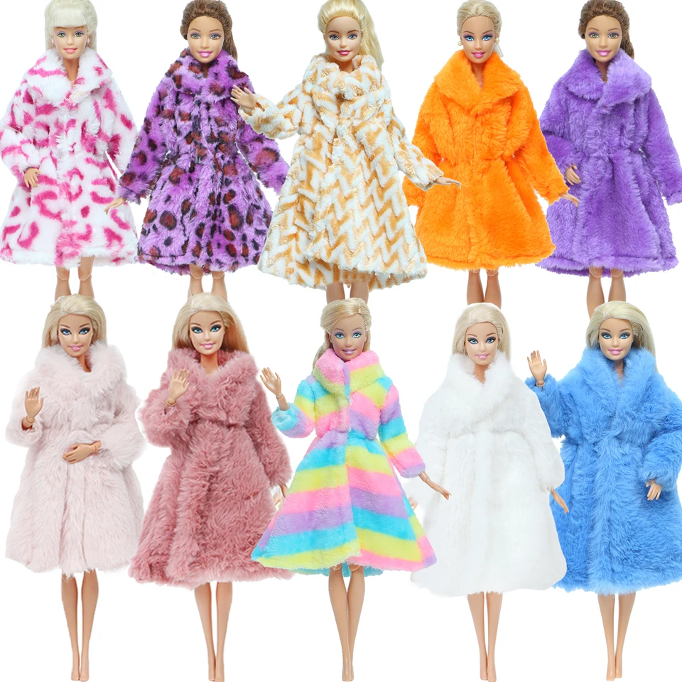 Viacfarebný srsť s dlhým rukávom Soft Soft Fur Plush Coat Dress Winter Outfit Warm Wear Doplnky pre 30 cm doll oblečenie pre deti