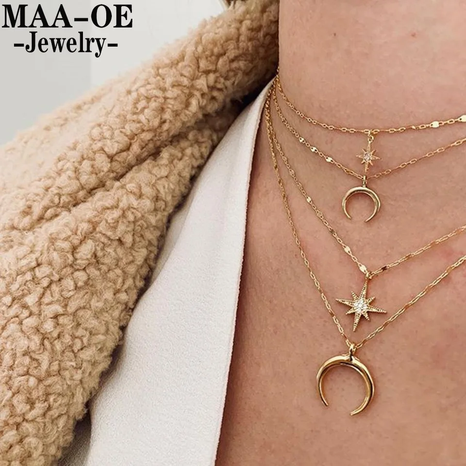Viacúrovňové nové vintage boho módne náhrdelníky pre ženy krištáľový rohový disk Sefin Slnko zámok prívesok Náhrdelník šperky Darček