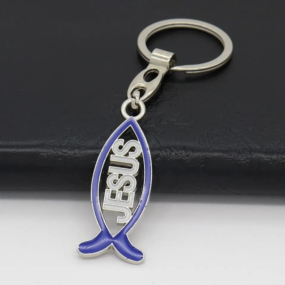 Viacúčelová zliatinová zliatina Ryby Kľúčové ryby Tvary karikatúry Ježišovo kúzlo prívesok Náboženské kresťanské autá Keychain kaplnka Výzdoba