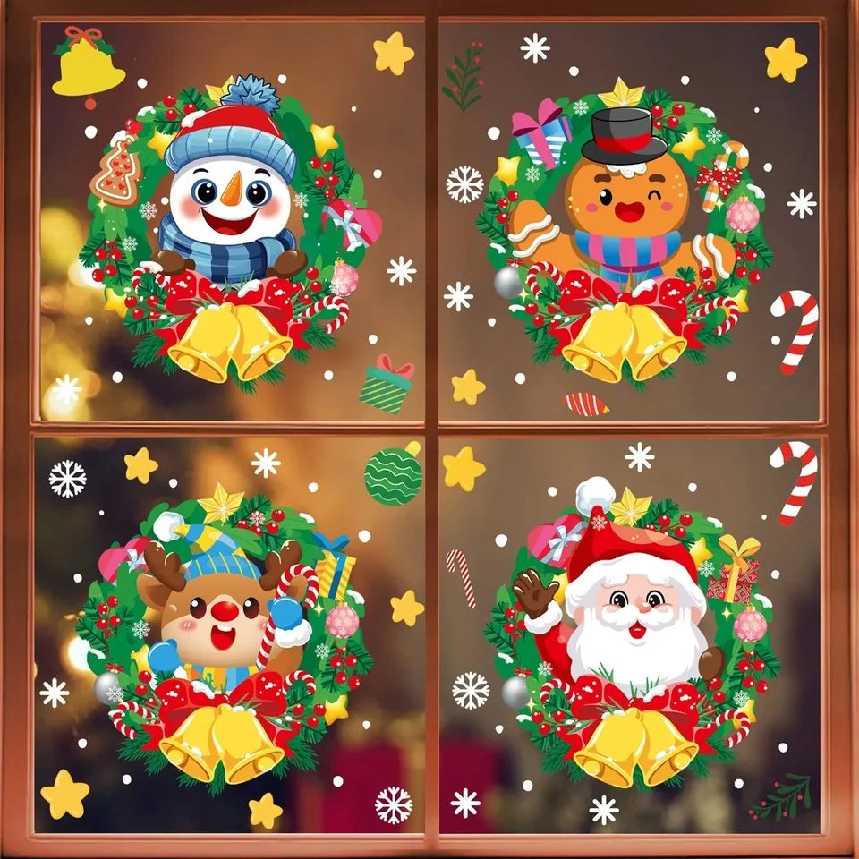 Vianočná dekorácia Veniec Santa Claus Snowman zrkadlové nálepky Cartoon Elk Gingerbread Man okenné nálepky Galss Wall Sticker