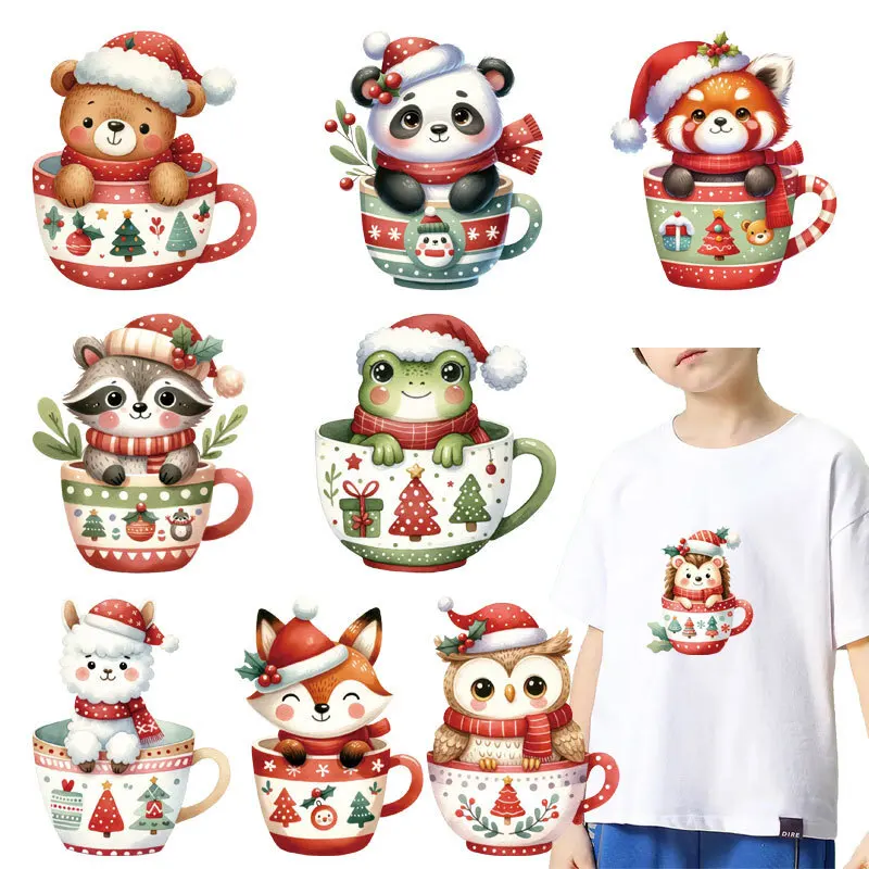 Vianočná karikatúra Káva šálka zvieracie panda žaba železné nálepky na prenos, vinylové teploty prenosu tepla na oblečenie pre domácich majstrov