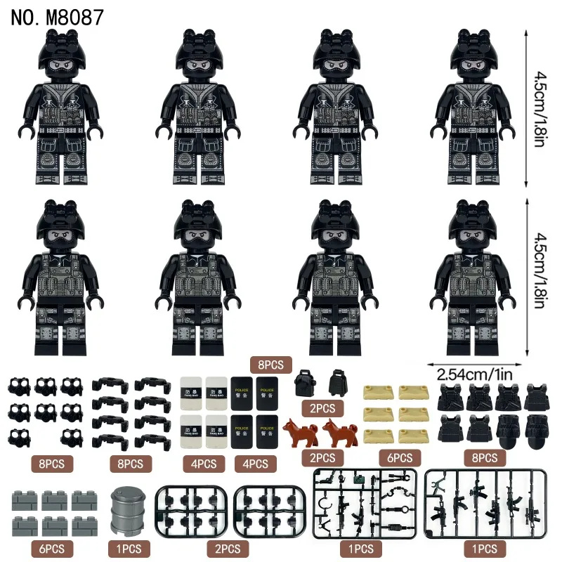 Vianočné dekorácie M8087 Čierna swat miniatúrna mestská polícia Malé častice Zhromaždené hračky Vojenské tašky