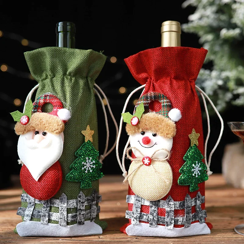 Vianočné fľaše na fľaše s taškou Snowman Santa Claus Champagne Cover Cover Ruckve Veselé Vianoce Nový rok dekorácie stolov