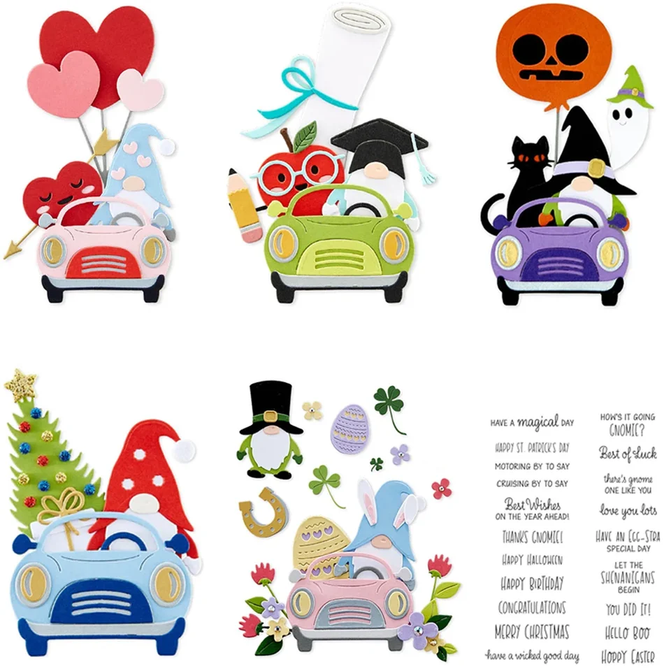 Vianočné halloween roztomilé nákladné autá kolekcia kovové rezanie matrice srdce Gnome Drive Word Die Stamp pre domácich majstrov