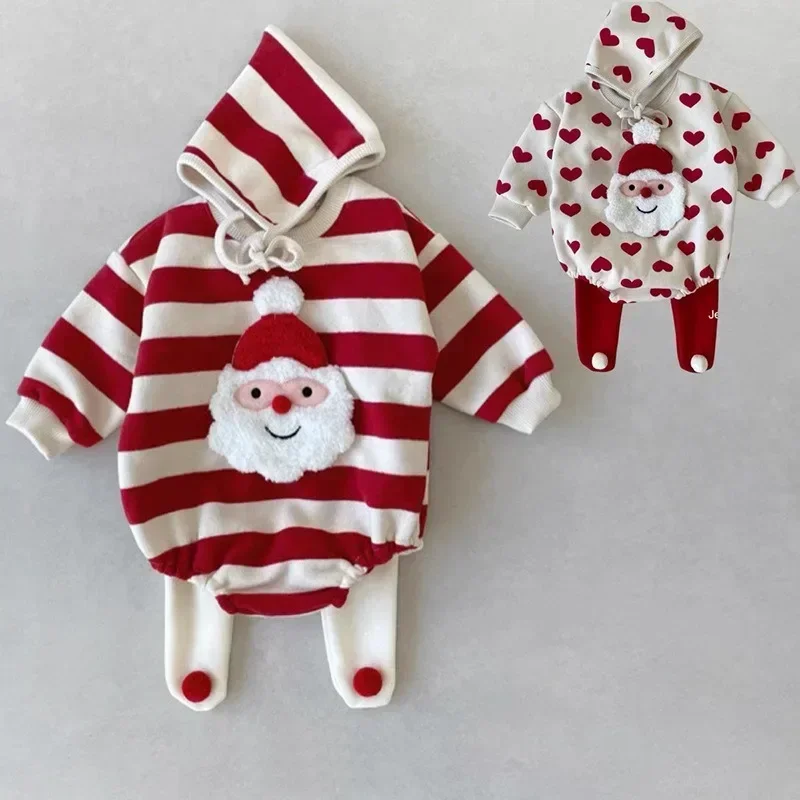 Vianočné kórejské verzie jesennej a zimnej bavlny Roztomilé pruhované láska Santa Claus kombinéza spárovaná s pevnými farebnými legínkami
