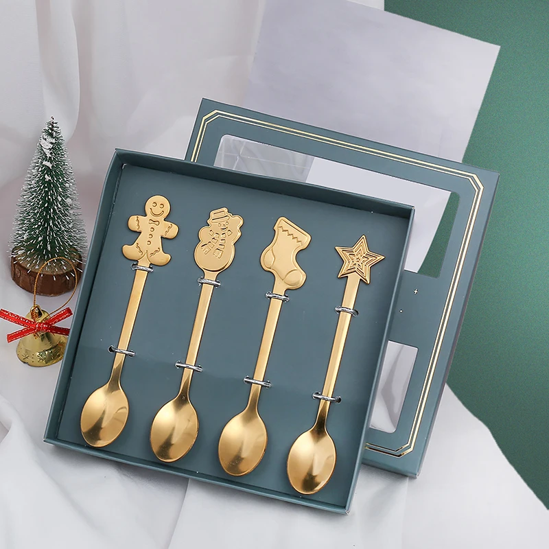 Vianočné lyžice nastavené prenosné cestovanie Použite z nehrdzavejúcej ocele Santa Claus Elk Snowman Dezert Soon Spoon Spoon vianočné riady