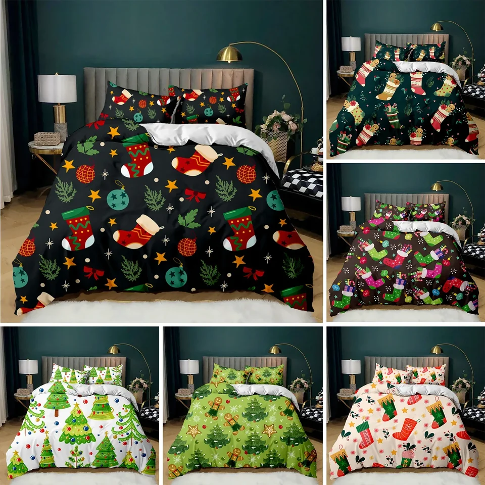 Vianočné obaly Veselé vianočné stromčeky Zelené pozadie Twin Bedding Set Double Queen King Polyester Qulit Cover