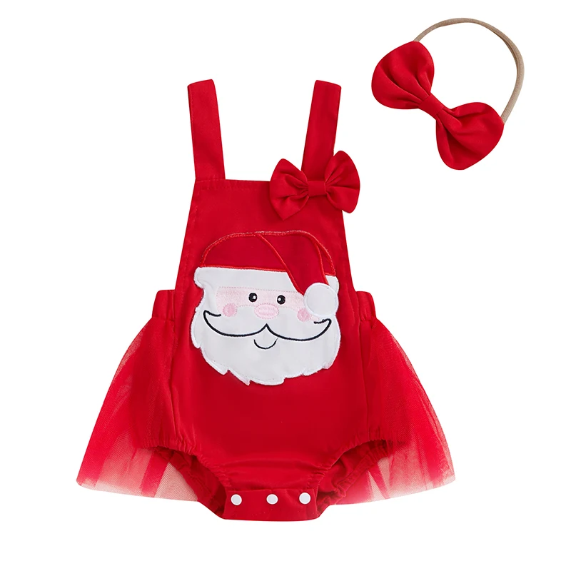 Vianočné oblečenie pre dievčatko, výšivka Santa Claus bez rukávov bez rukávov siete Romper Dress Bow čelenka 2 -kusová súprava