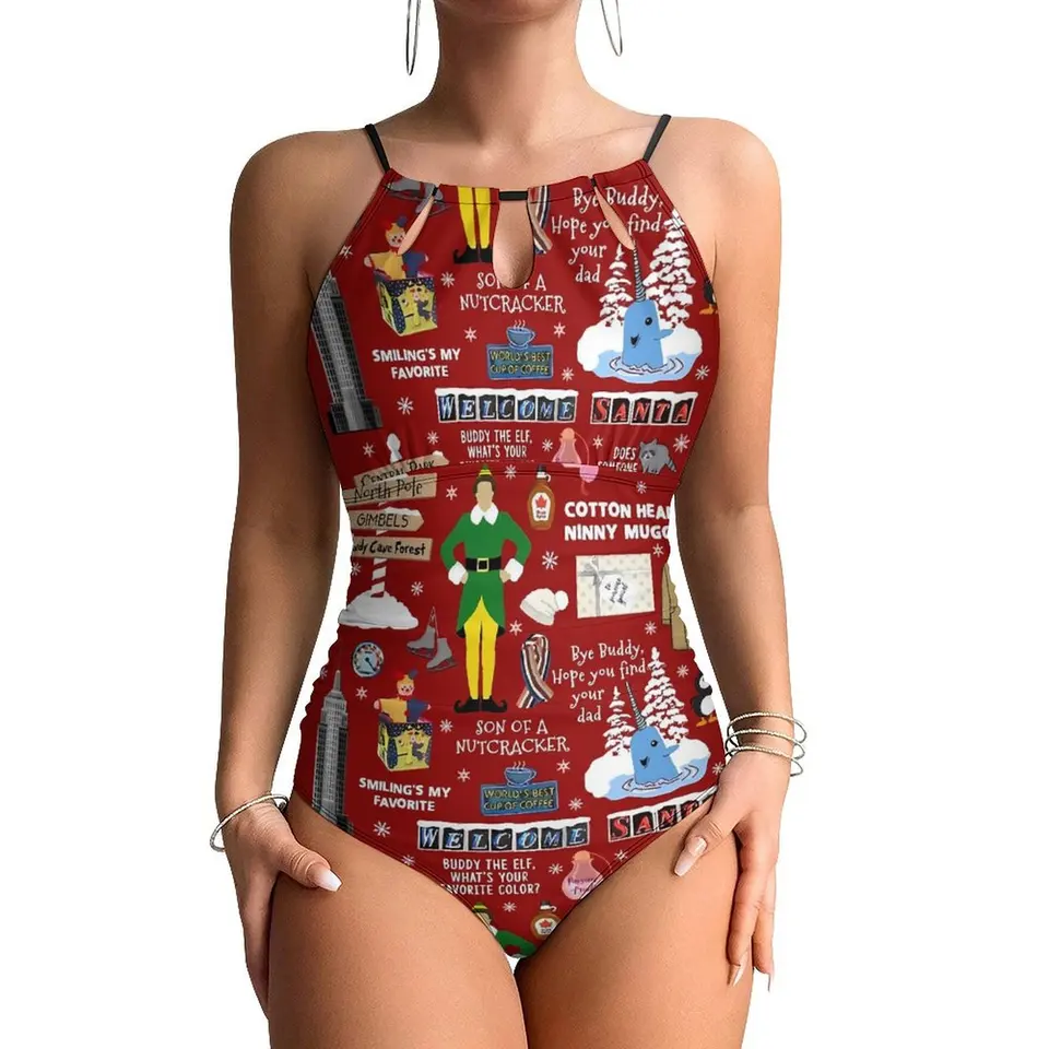 Vianočné plavky Sexy kamarát Elf Collage Dámske plavky jeden kus Vintage Bodysuit Hareer Bath Push Up High Cut Monokini