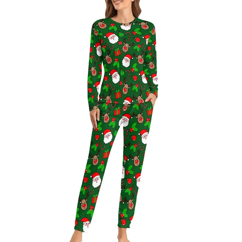 Vianočné pyžamy Rudolf a Santa Claus Soft Pajama Sety Ženy s dlhými rukávmi Príležitostné spanie