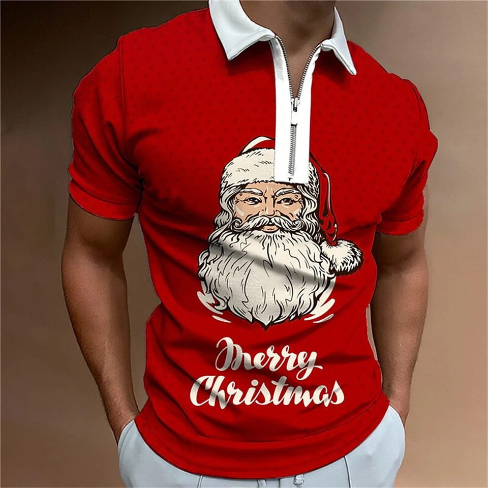 Vianočné pólové košele pánske neformálne top s krátkym rukávom Santa Claus 3D tlačené zipsové košele s nadmerným obojkom tričko Pánske oblečenie.