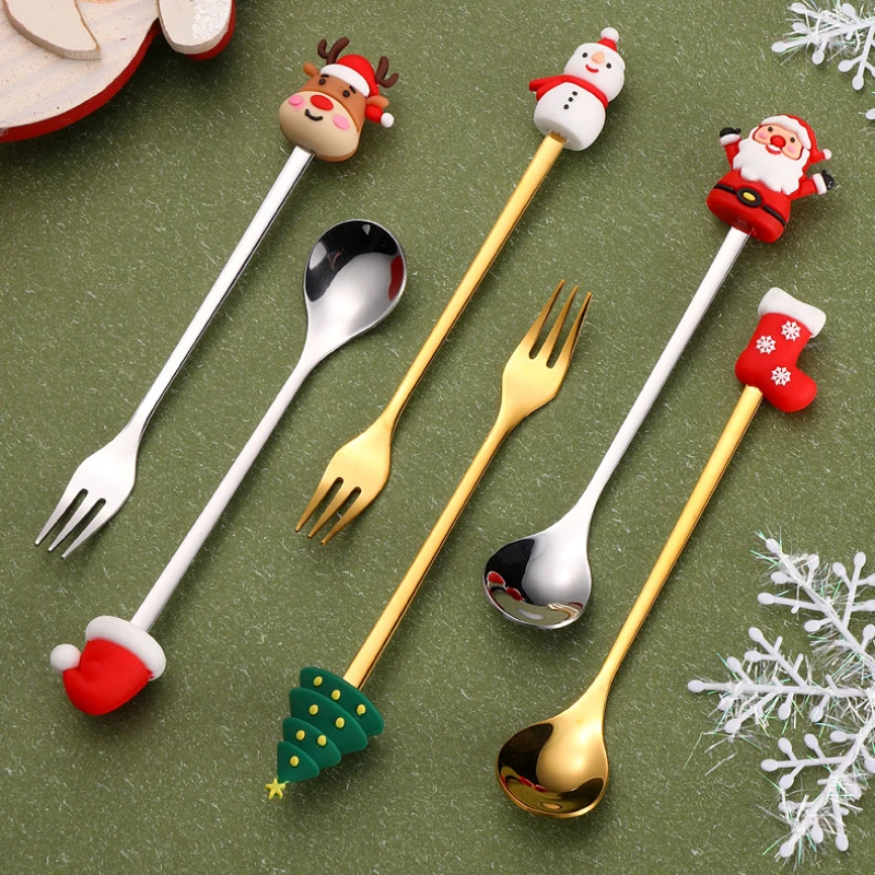 Vianočné sety set darček z nehrdzavejúcej ocele Santa Claus Dezert Spoon Elk Elk Fruit Fork stolové dekorácie večere doplnky