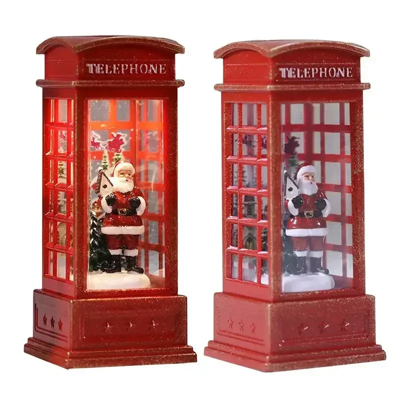 Vianočné červené vinobranie Luminous Phone Booth Lantern vianočný stromček Snowman Santa Claus figurín v telefónnej dekorácii v kabíne
