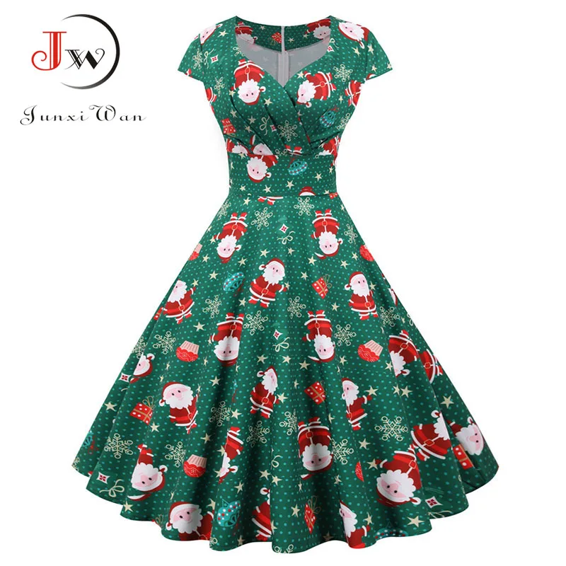 Vianočné šaty Ženy sexy v krk s krátkym rukávom s vysokým pásom s vysokým pásom vintage veľké hojdacie večierky vianočné slnečné šaty elegantné rúcho 3xl