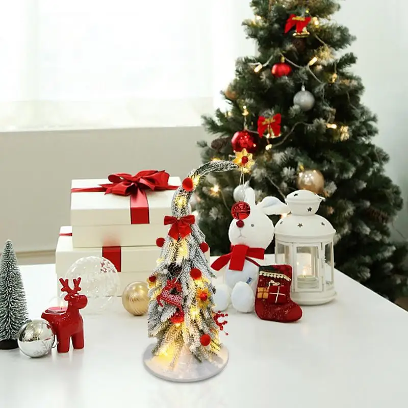 Vianočný stromček 13,8 palca ohýbateľný miniatúrny vianočný stromček s LED svetlami Domáce ozdoby Zhromaždenie umelej borovice