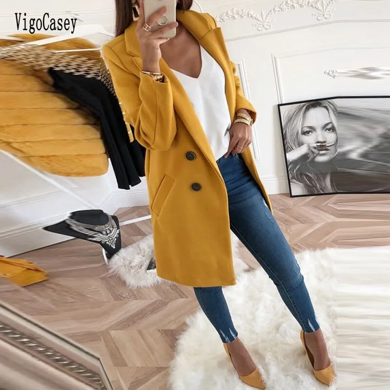Vigocasey Winter Yellow Long Trench Coat Dámsky neformálny rukávový sako s kabátom 2025 Lady Autumn Pocket Single Brease Outwear