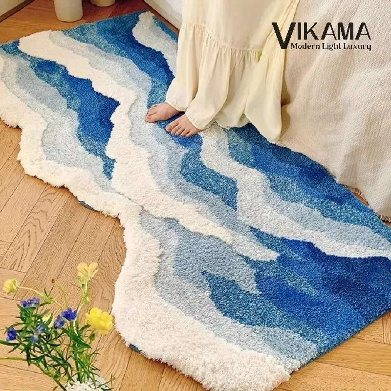 Vikama Wave Pattern Light Luxusný koberec pre dievčenskú spálňu modrá vysoká absorpcia mäkká našuchorená nočná nočná nočná moč
