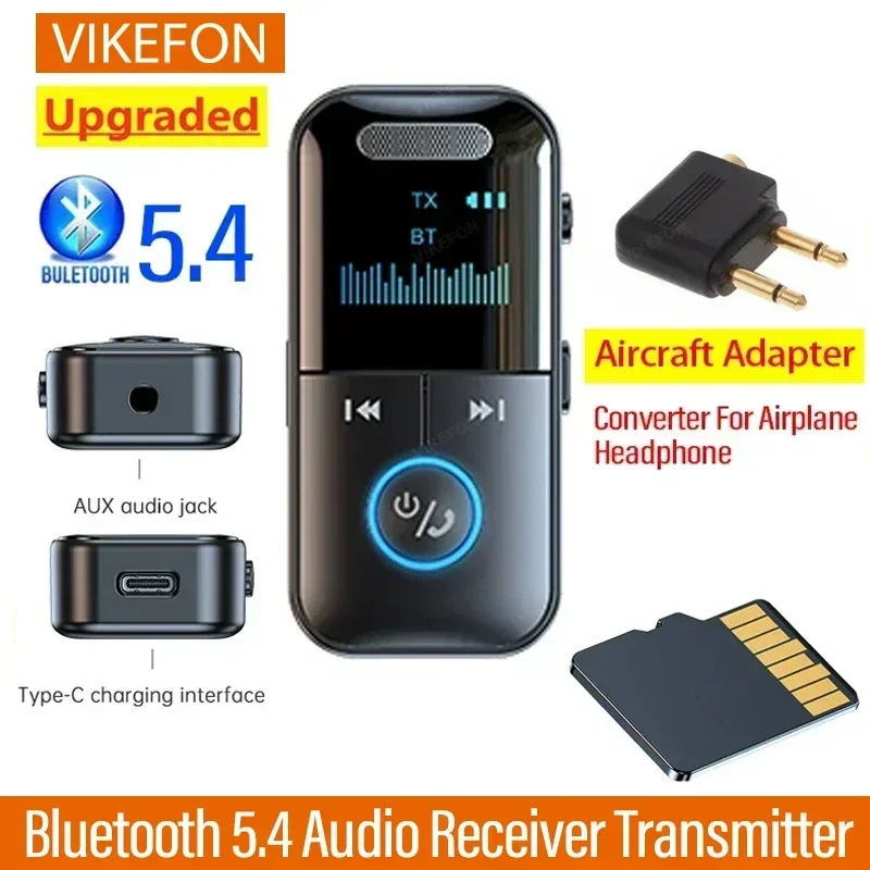 Vikefon Bluetooth Audio Persitter BT5.4 3,5 mm prehrávanie karty AUX TF HIFI Wireless Adapter s digitálnym displejom MIC LED