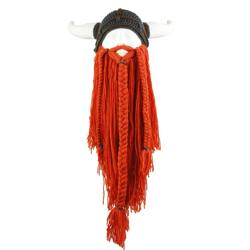 Viking Horn Hat Mask Men fúzaté vtipné čiapky Zimná ruka väzba Men Vianoce Cosplay Party vtipné zložité pokrývky hlavy teplé čiapky čiapky