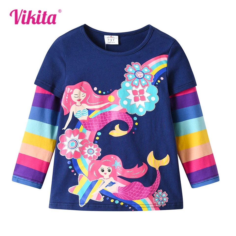 Vikita Kids Jeseň Spring dlhý rukáv tričká Dievčatá morská panna Prsteň pruhované tričko Detské bavlnené príležitostné oreté