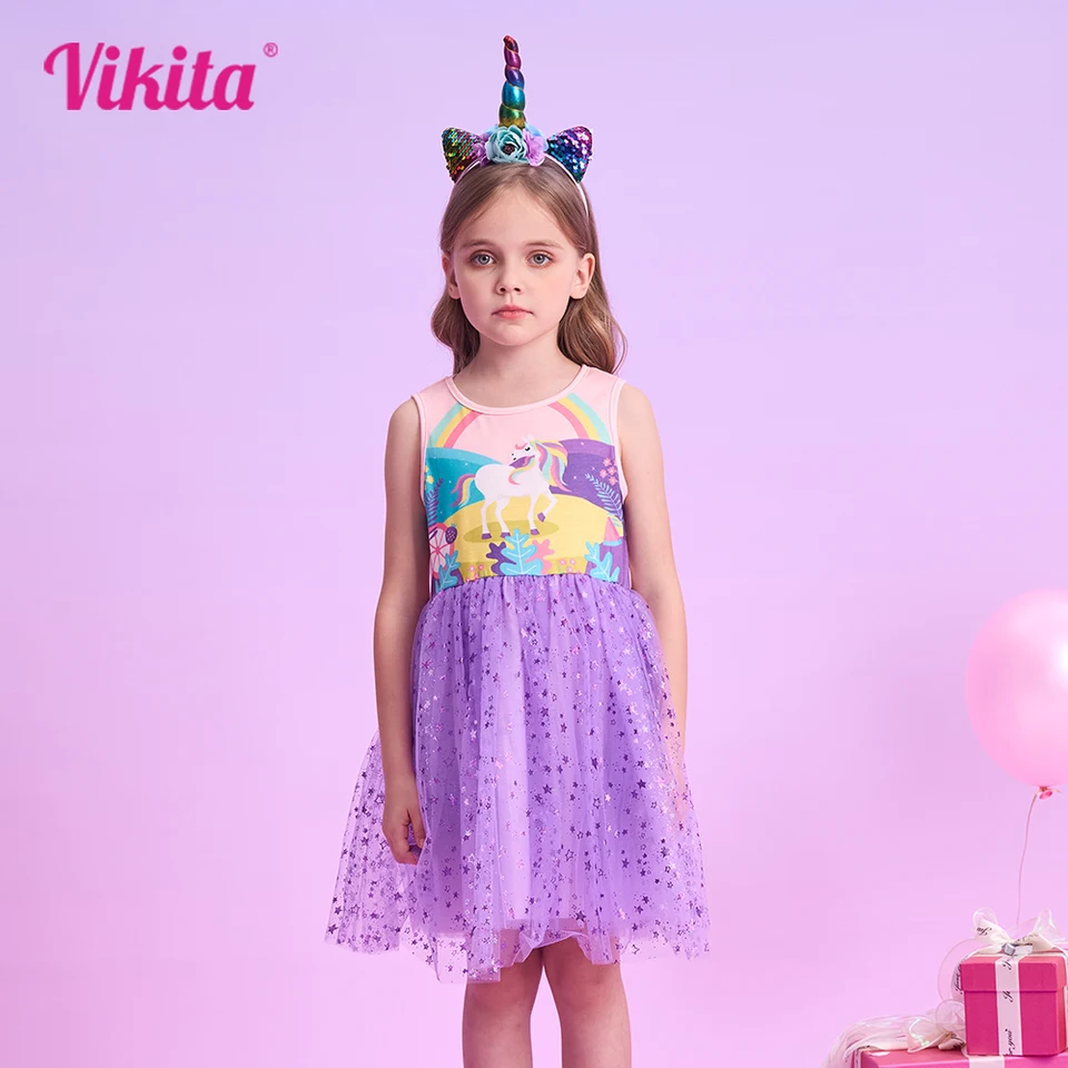 Vikita Kids Unicorn Cartoon Print Šaty Dievčatá Dievčatá bez rukávov letné vesty pre deti Patchwork fialová princezná sieťové šaty