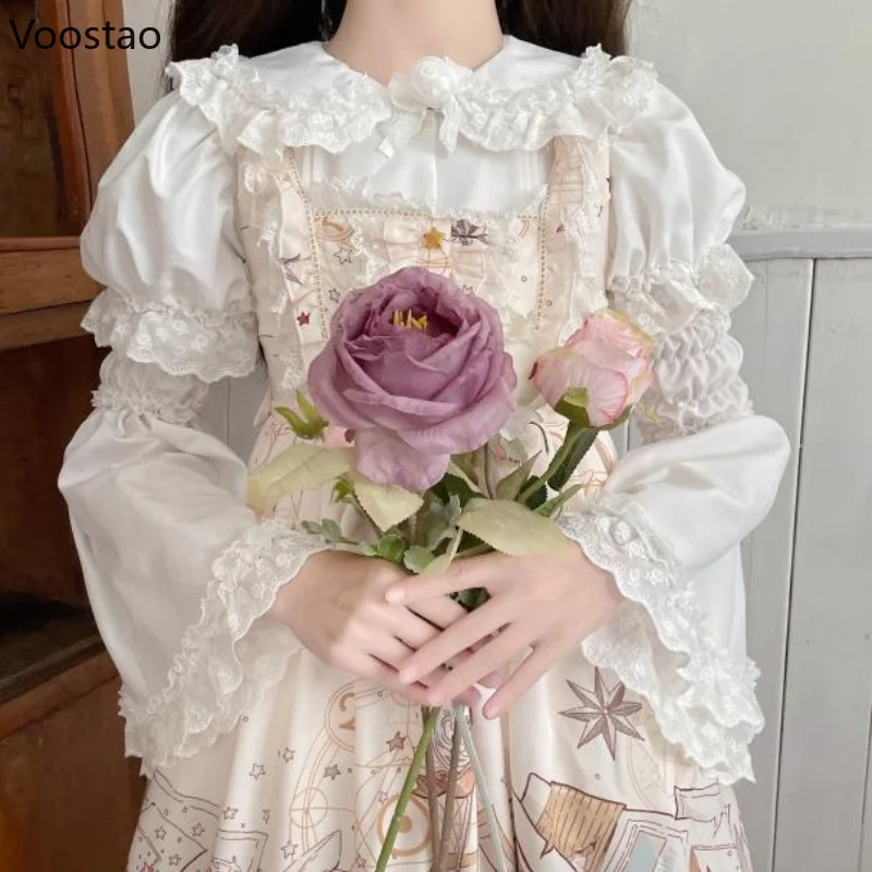 Viktoriánske vinobranie kawaii Peter Pan Collar Tirls Women Gothic Lace Lace Princess Princezná odnímateľné blúzky s dlhým rukávom ženské vrcholy