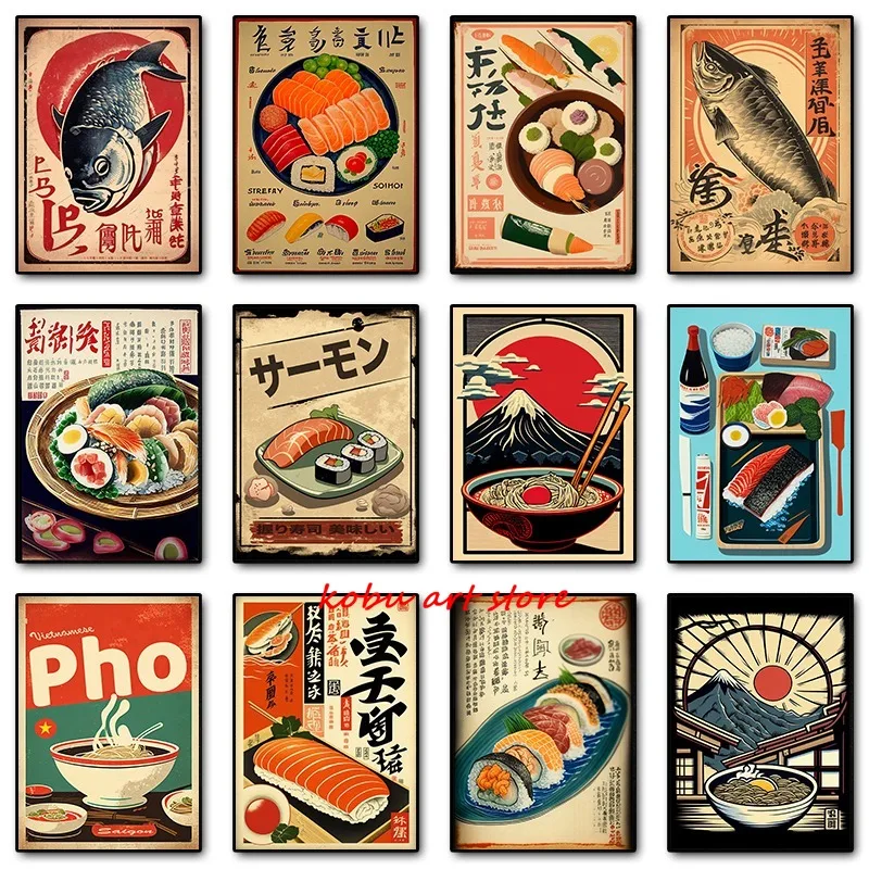 Vinobranie japonský potravinový plagát potlač plátno maľba retro ryby sushi lamian rezance nástenné umenie Obrázok pre kuchynskú dekoráciu