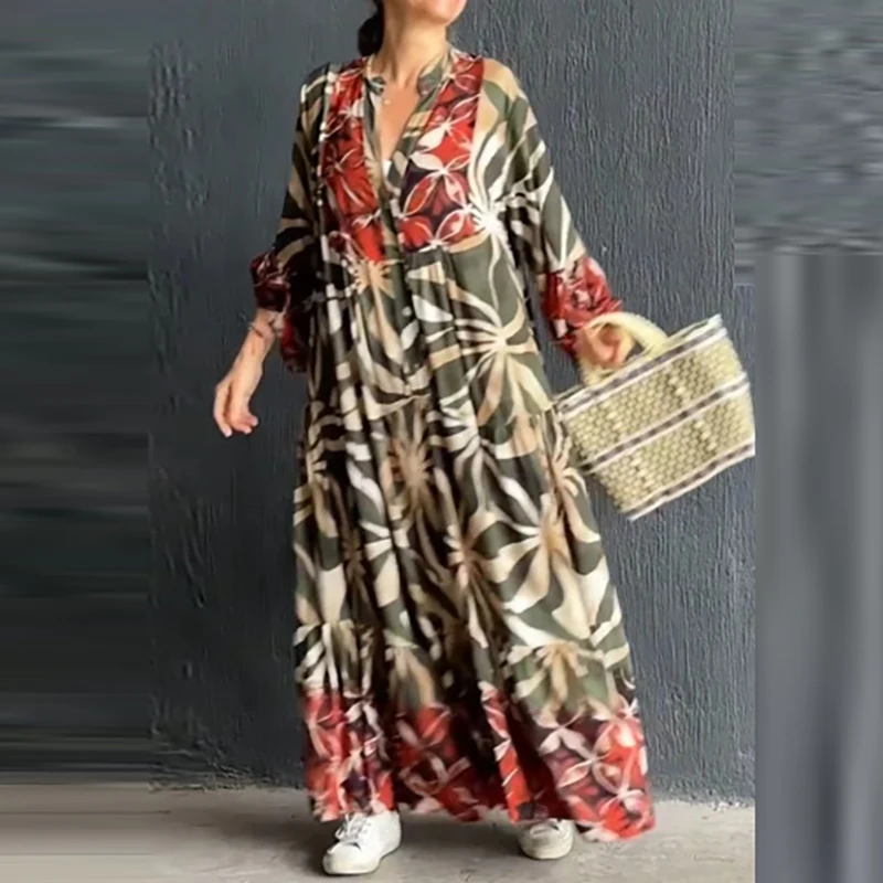 Vintage 2024 Vzorový výtlačok voľné bohémske šaty Ženy Elegantné 3/4 rukávy Pleat dlhé šaty Jeseň Autump Casual Pullover Dresses