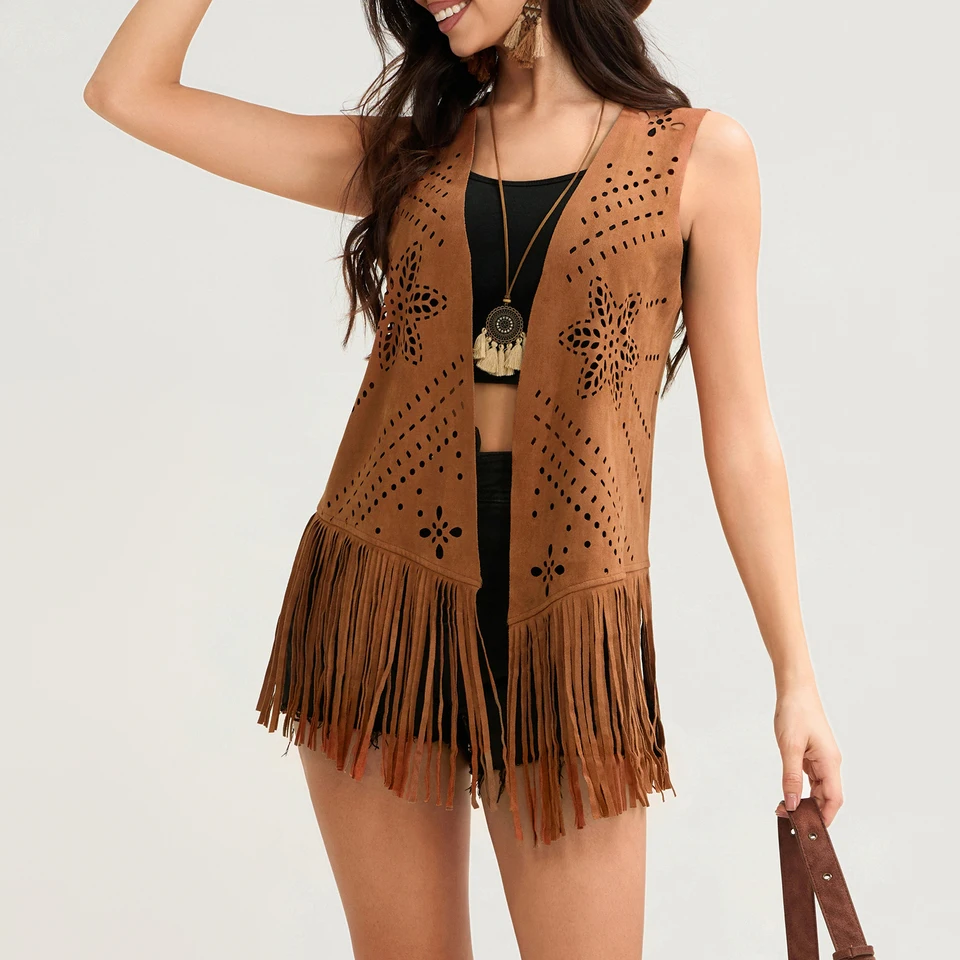 Vintage 70. rokov Hippies Tassel Vests Dámsky bez rukávov Otvorené predné bundy Western Cowgirl Outerwears Outfit pre streetwear Party
