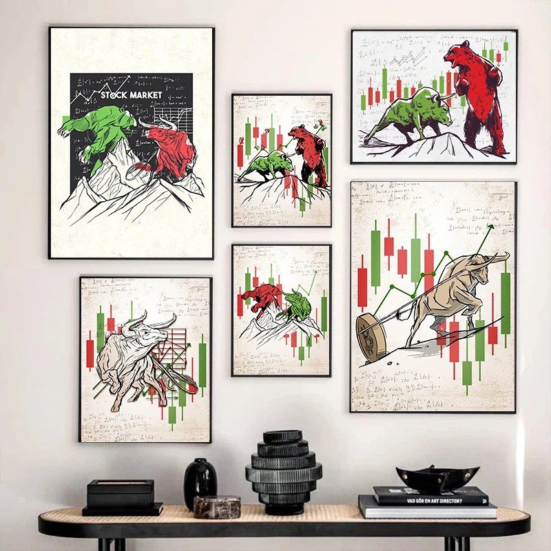 Vintage Bears vs Bulls Wrestle Bight Trh Trh Trading Art Art Plaght maľba nástenná tlač Obrázok pre kancelársku dekoráciu