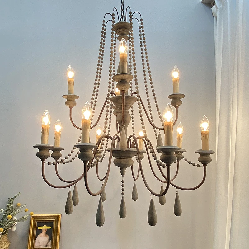 Vintage biele drevené korálky luster osvetlenie Foyer odpruženie Luster retro elegantný luster Krásna halma Light Loft Decor Decor
