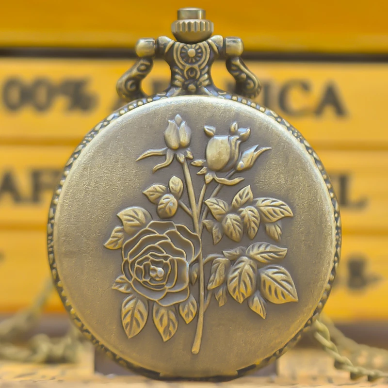 Vintage bronzový mušľový kvet vyrezávaný náhrdelník Quartz Pocket Watch módne šperky darček pre dievčatá