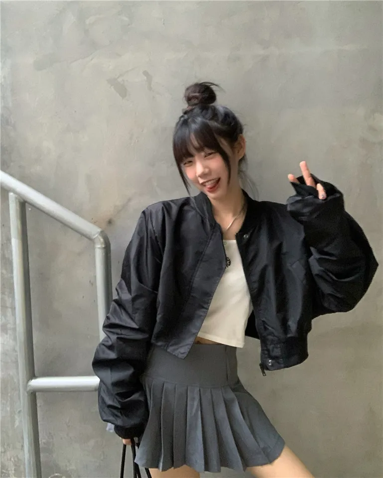 Vintage bundy pre ženy streetwear módne náhodné čierne Outwear Harajuku Plodiny Tops s dlhým rukávom Kórejský kabát Y2K 2023 Ropa Mujer
