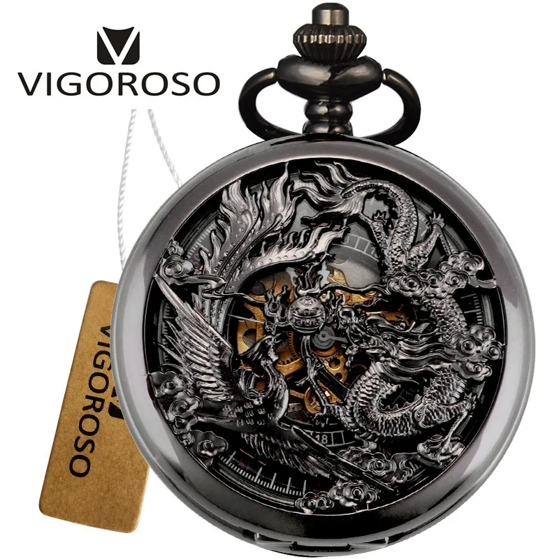 Vintage Classic Steampunk Skeleton Black Zliatina Chinses Flying Dragon & Phoenix Mechanical Hand Wind Cock Watch FOB Chain Clock