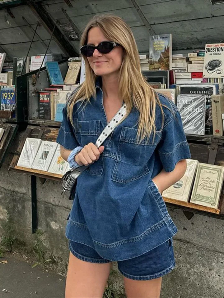 Vintage denim Dámsky oblek ležérny obojok póla s krátkym rukávom vrecká na vrchol bedrového balíka Mini sukňa Chic Lady High Street Sets leto